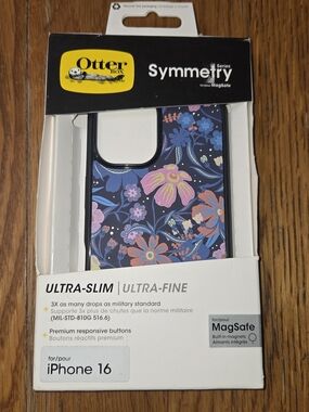 New, OtterBox Symmetry Series Floral iPhone 16 Case - Navy Blue, Pink. Cp